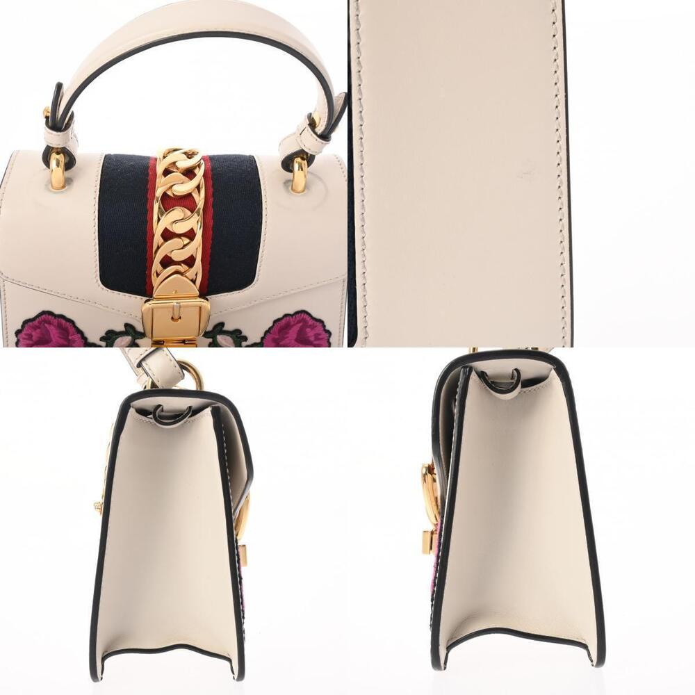 GUCCI Sylvie Flower Embroidery White Leather Canvas Handbag - Picture 8 of 11